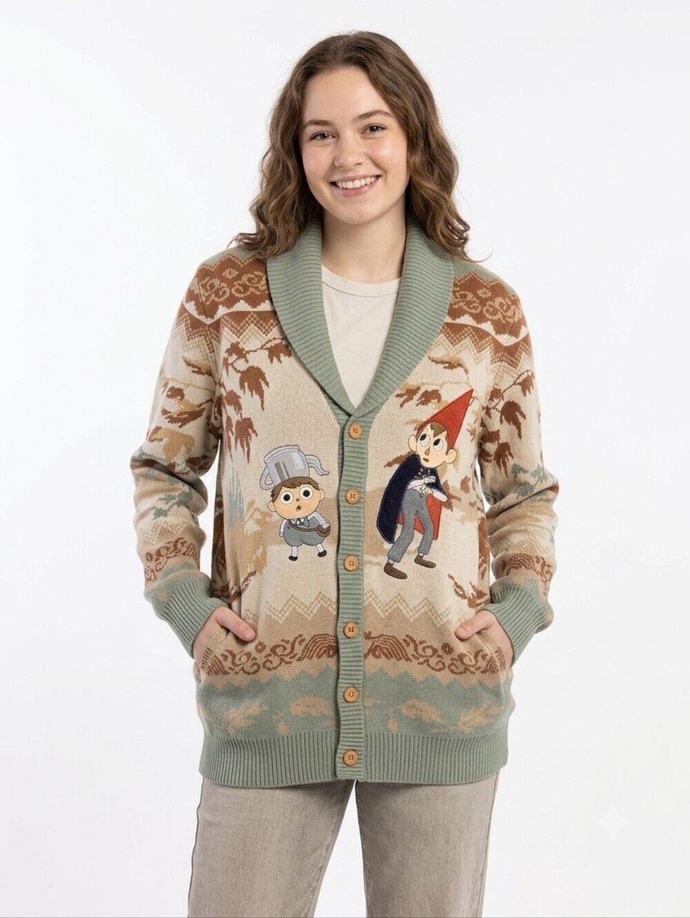 Her Universe Beige & Sage Shawl-Collar Cardigan with Character Motif